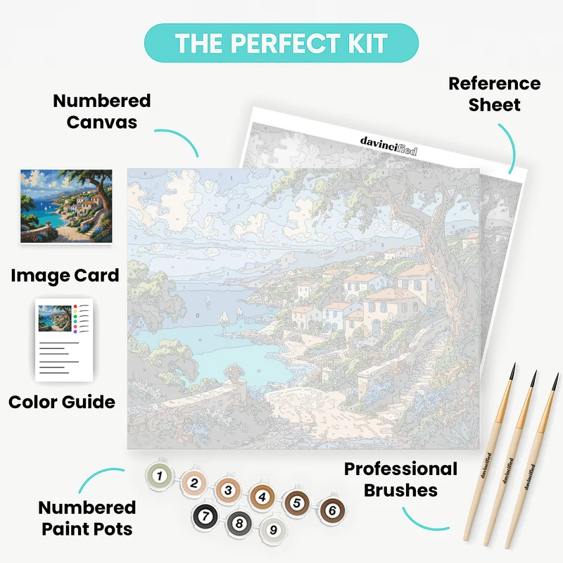 Idyllic Mediterranean Seaside Town with Stone Pathway - Paint by Numbers Kit