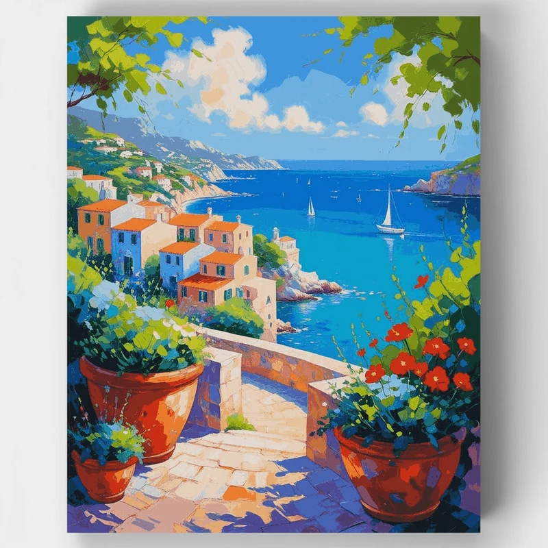 Mediterranean Coastal Village Terrace View - Paint by Numbers Kit