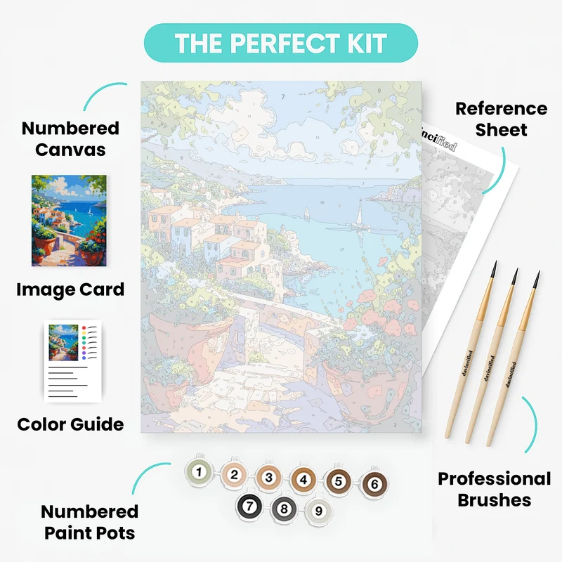 Mediterranean Coastal Village Terrace View - Paint by Numbers Kit