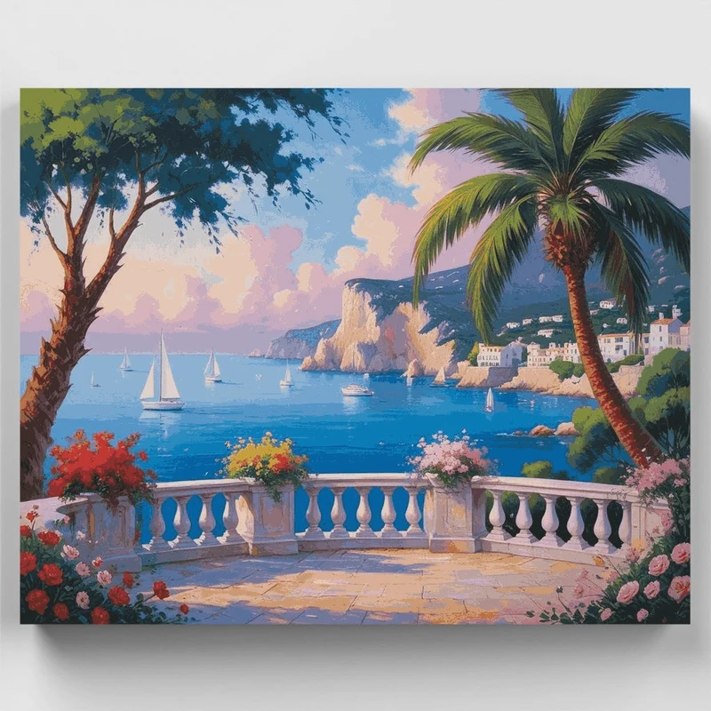 Tropical Mediterranean Terrace with Sailboats - Paint by Numbers Kit