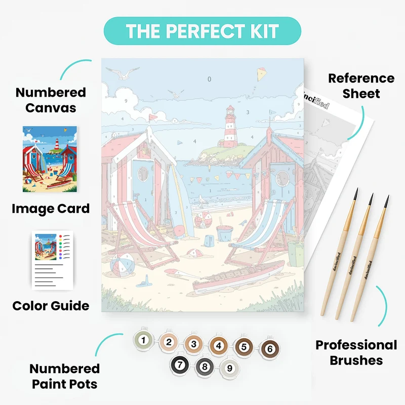 Coastal Beach Huts with Lighthouse - Paint by Numbers Kit