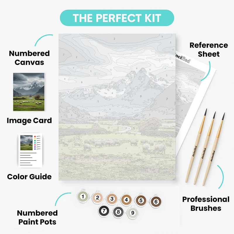 Icelandic Sheep Grazing with Mountain Vista - Paint by Numbers Kit