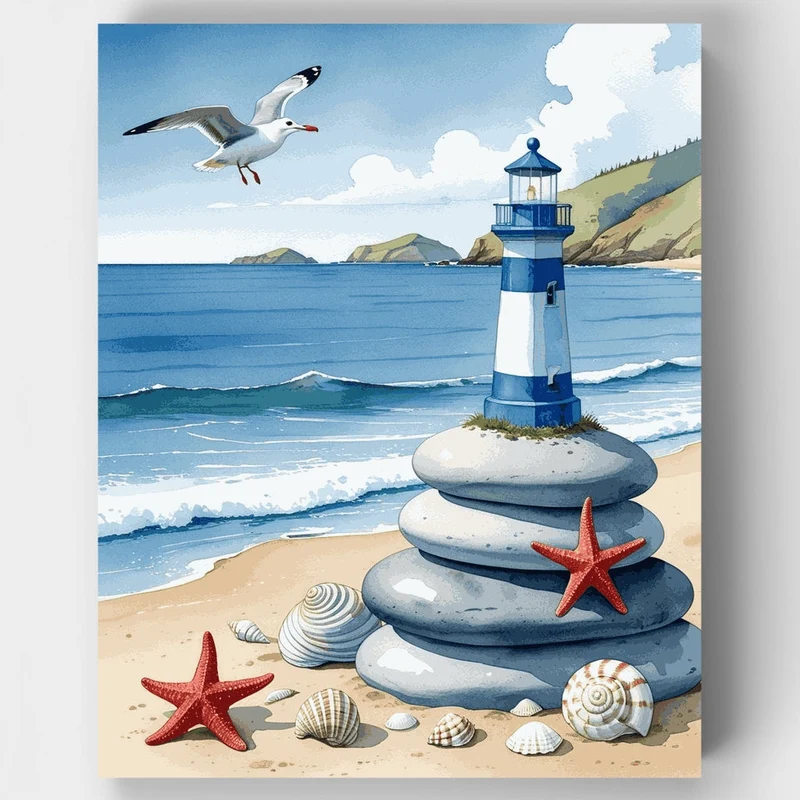 Coastal Lighthouse with Seashells - Paint by Numbers Kit