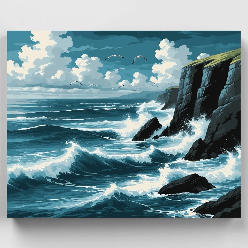 Dramatic Ocean Cliffs with Crashing Waves - Paint by Numbers Kit