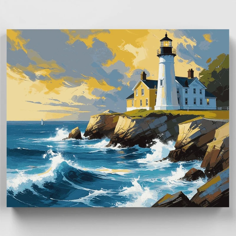 Dramatic Lighthouse on Rocky Coast - Paint by Numbers Kit