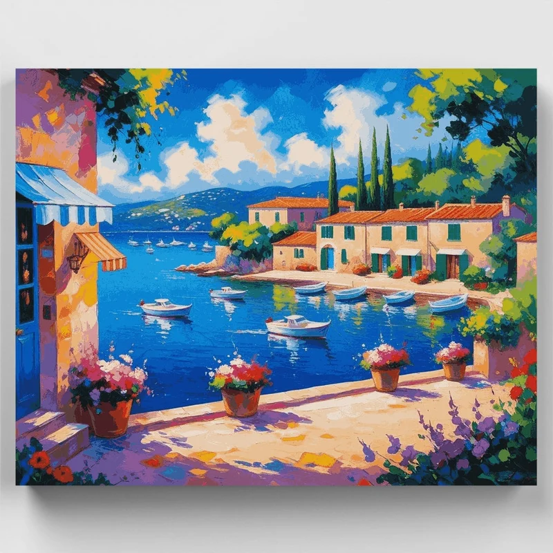Mediterranean Coastal Harbor Terrace - Paint by Numbers Kit