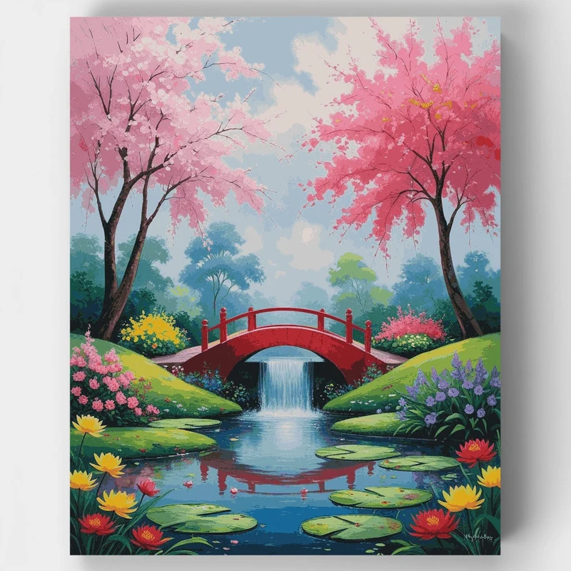Serene Japanese Garden Bridge with Cherry Blossoms - Paint by Numbers Kit