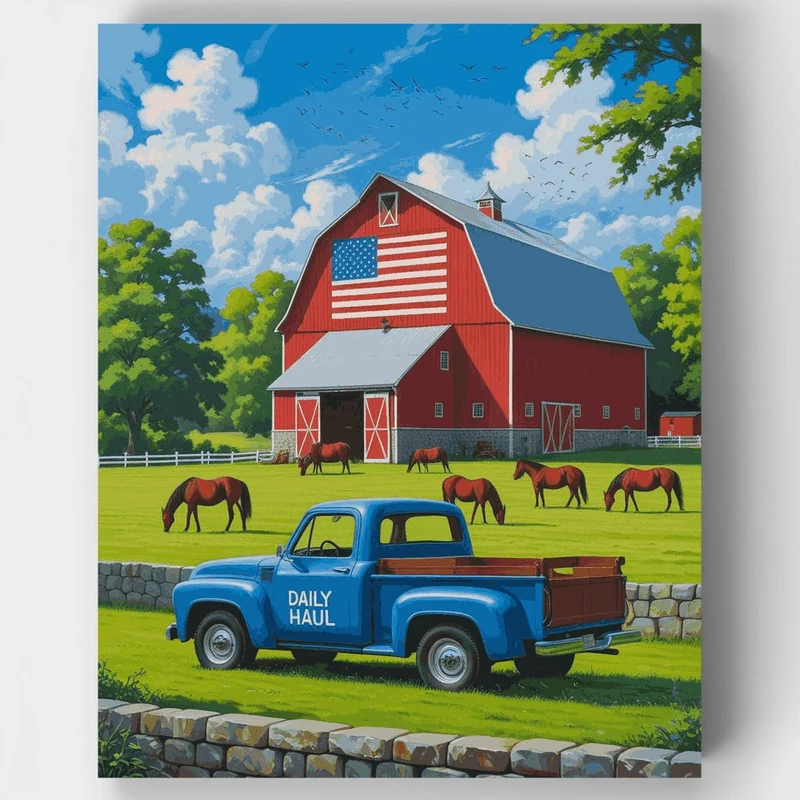 American Farm with Red Barn and Horses - Paint by Numbers Kit