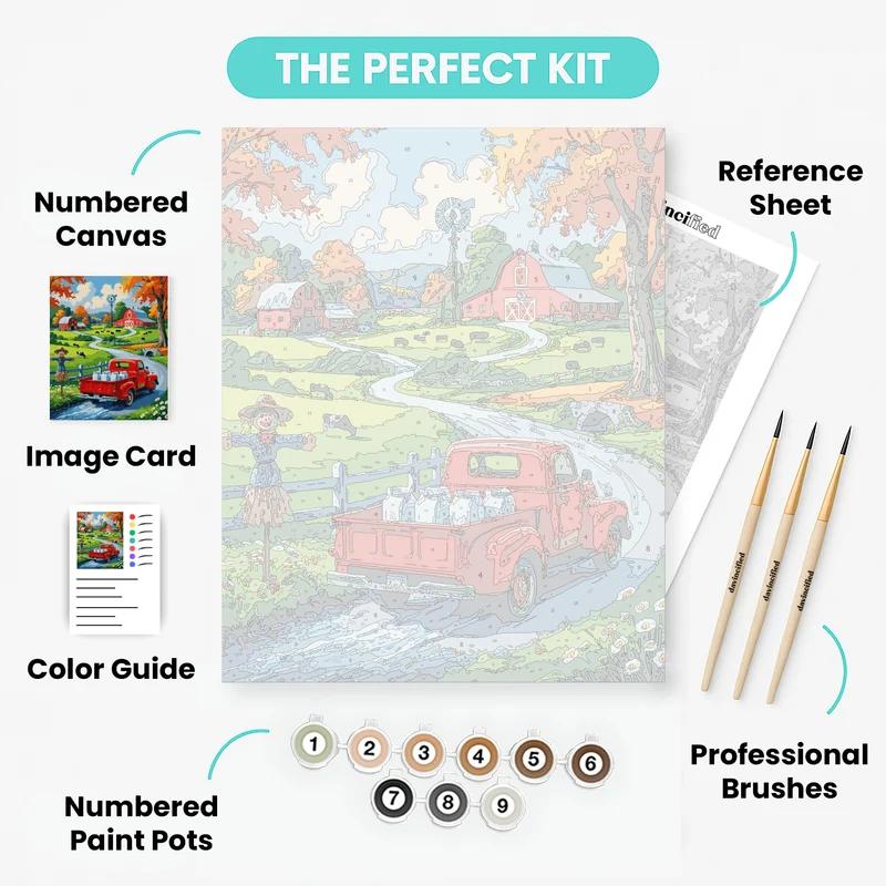 Autumn Farm Scene with Red Truck - Paint by Numbers Kit