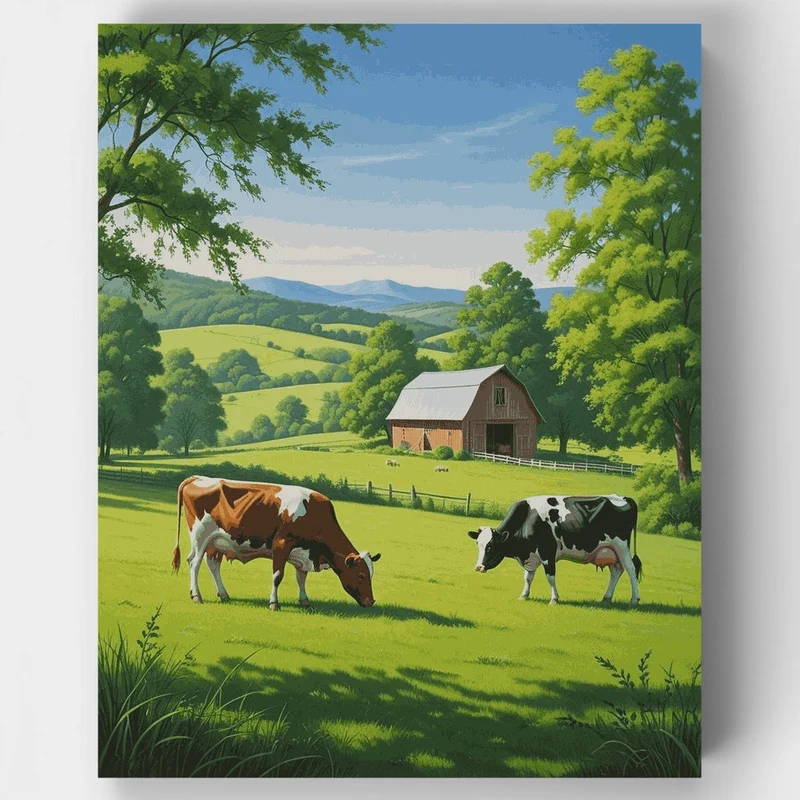 Peaceful Farm Countryside with Grazing Cows - Paint by Numbers Kit
