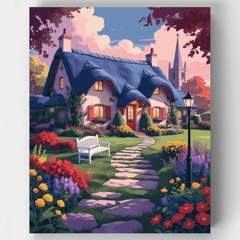 Thatched Cottage Garden Twilight - Paint by Numbers Kit