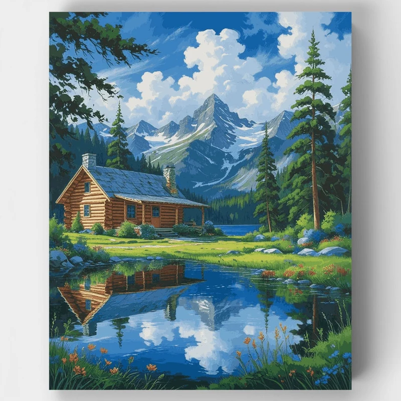 Alpine Log Cabin Mountain Reflection - Paint by Numbers Kit