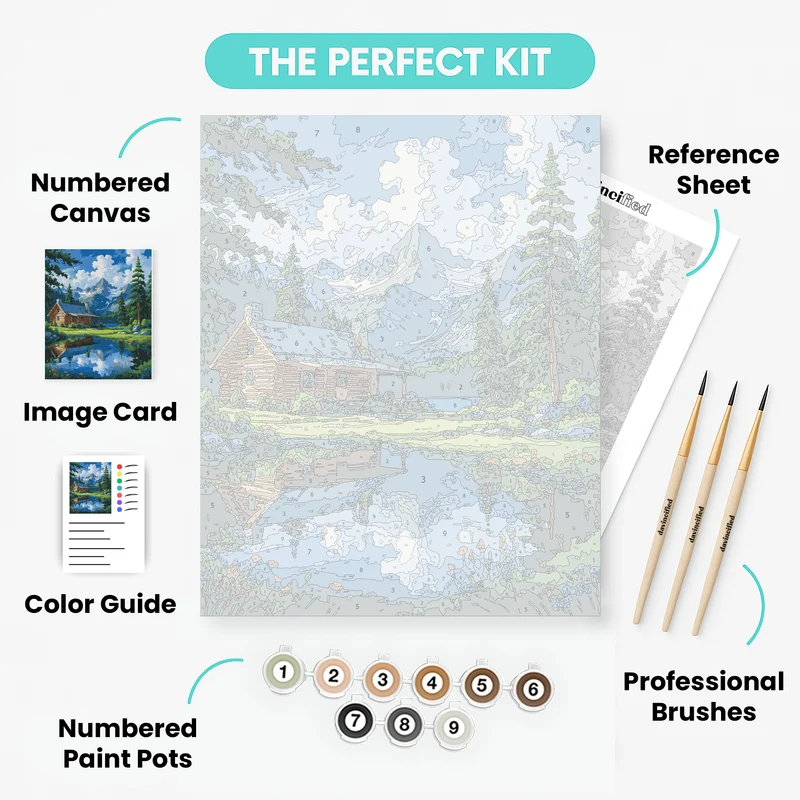 Alpine Log Cabin Mountain Reflection - Paint by Numbers Kit