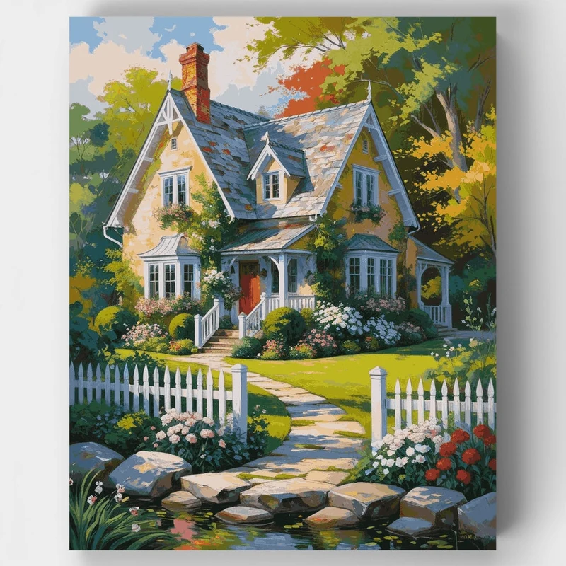 Victorian Cottage with Garden Stream - Paint by Numbers Kit