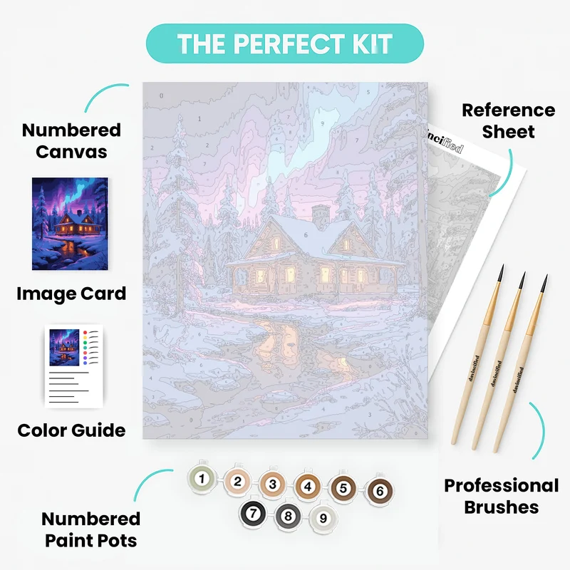 Winter Cabin Aurora Borealis - Paint by Numbers Kit