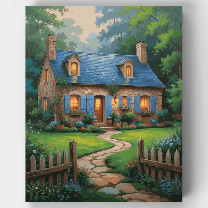 Charming Stone Cottage with Blue Shutters - Paint by Numbers Kit