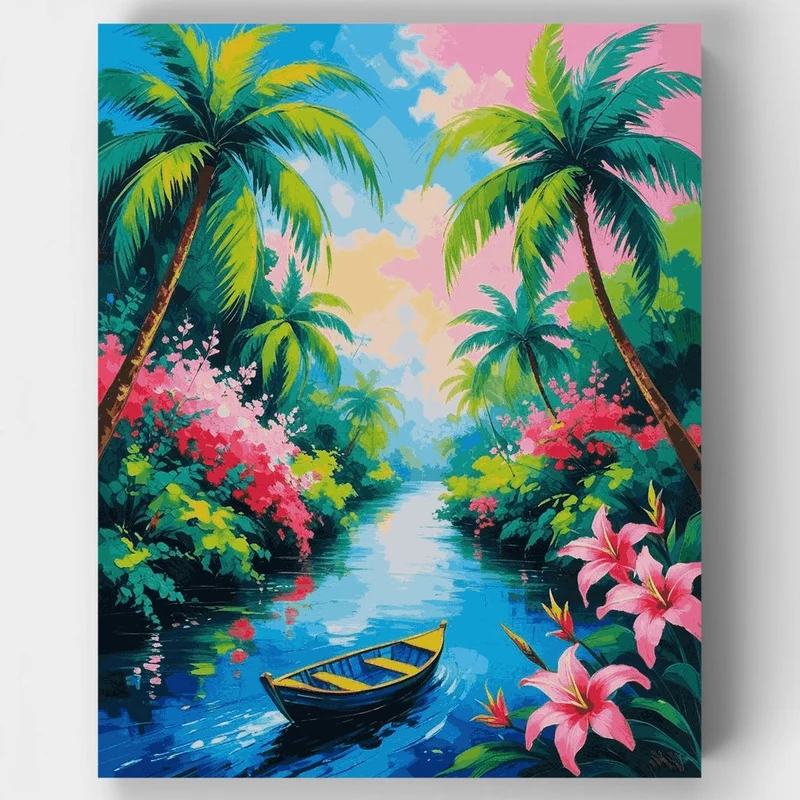 Tropical Paradise Boat Scene - Paint by Numbers Kit
