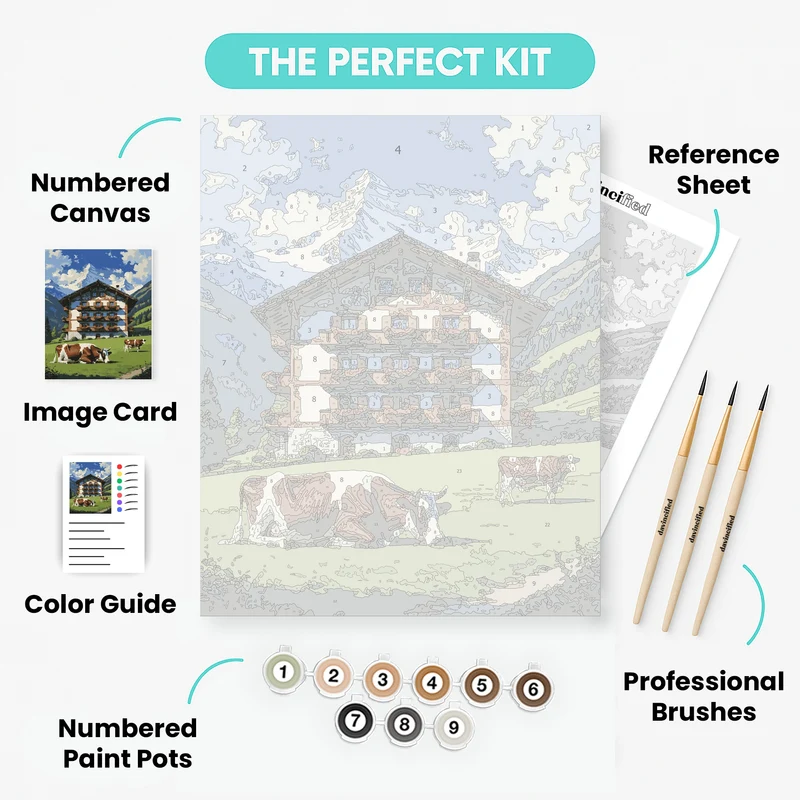 Alpine Chalet with Grazing Cows - Paint by Numbers Kit