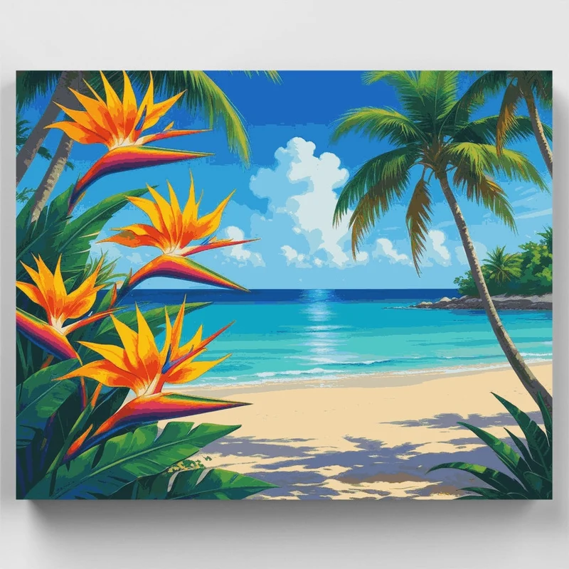 Tropical Beach Paradise with Birds of Paradise - Paint by Numbers Kit