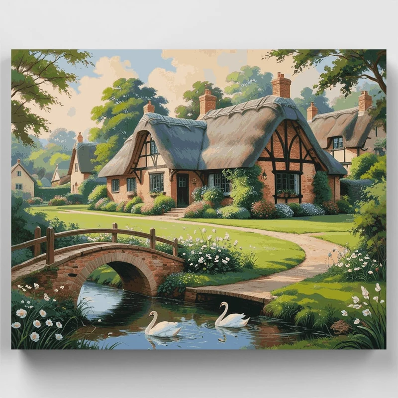 English Cottage Village with Swans - Paint by Numbers Kit