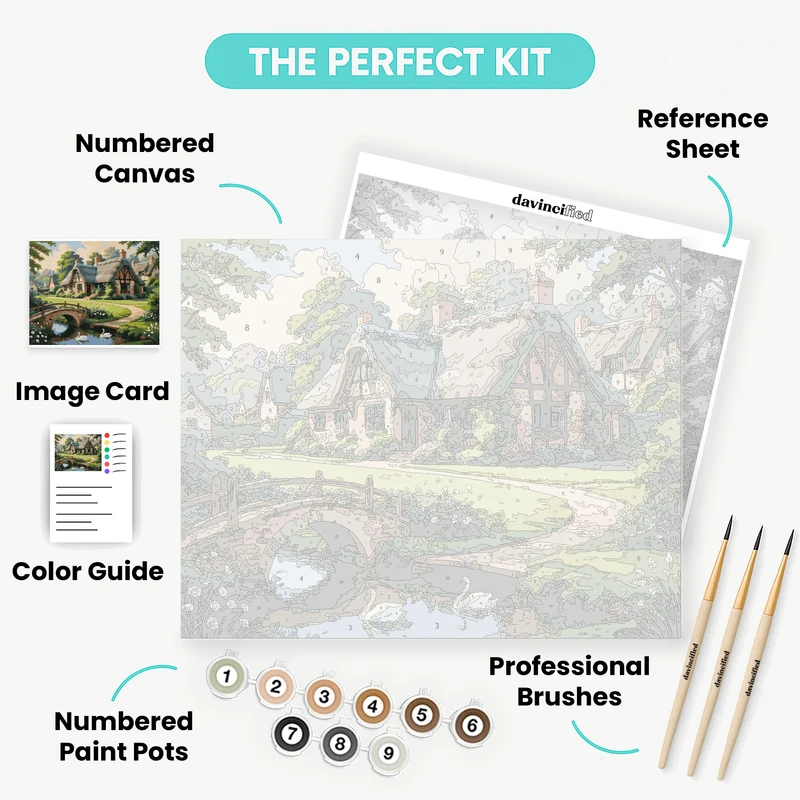 English Cottage Village with Swans - Paint by Numbers Kit