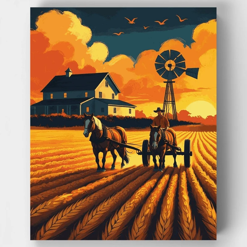 Farm Sunset Plowing Scene - Paint by Numbers Kit