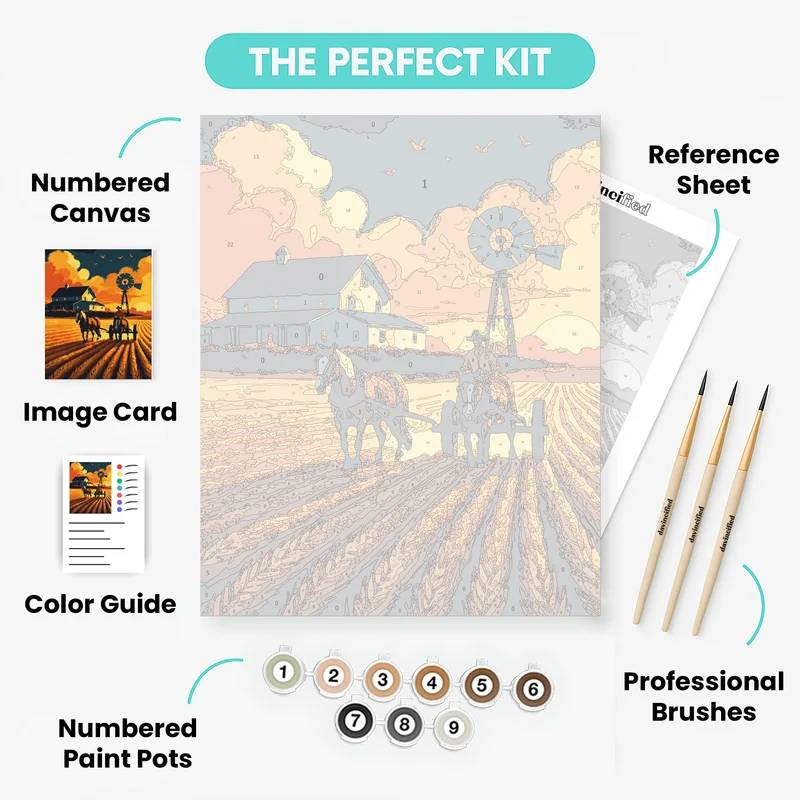 Farm Sunset Plowing Scene - Paint by Numbers Kit