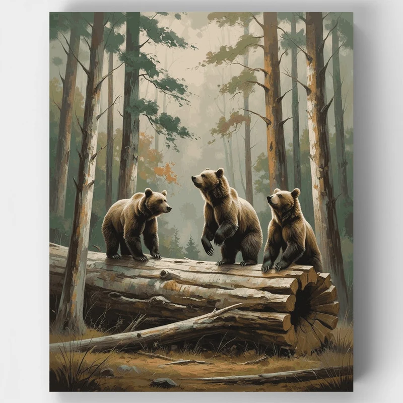 Three Bears on Forest Logs - Paint by Numbers Kit