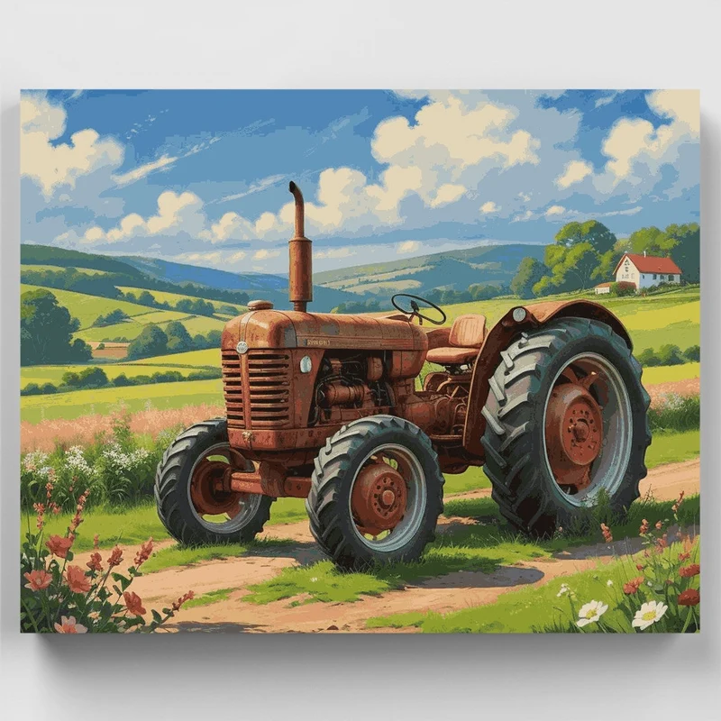 Classic Red Tractor in Meadow - Paint by Numbers Kit