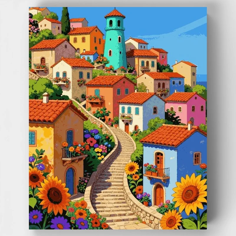 "Enchanted Mediterranean Village" Paint by Numbers Kit