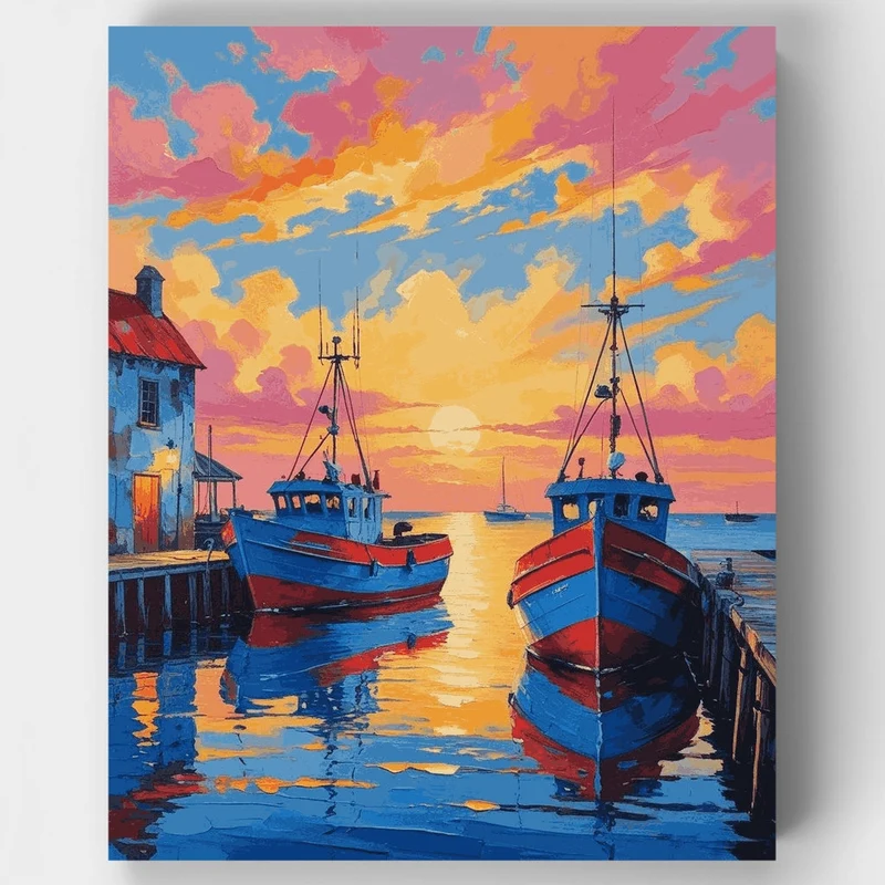 Harbor Sunset with Fishing Boats - Paint by Numbers Kit