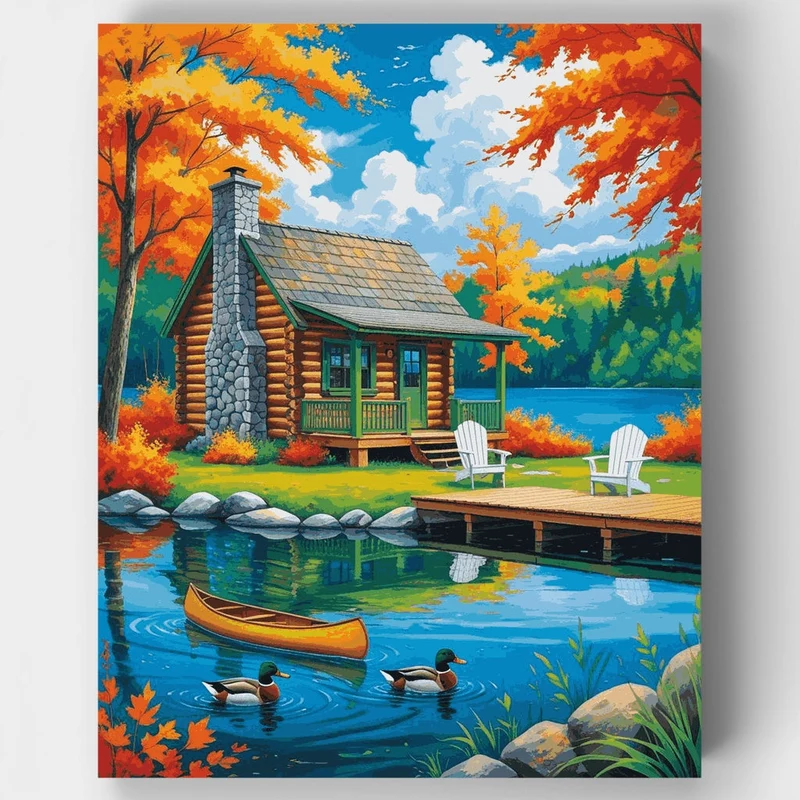 Autumn Lakeside Log Cabin Paradise - Paint by Numbers Kit