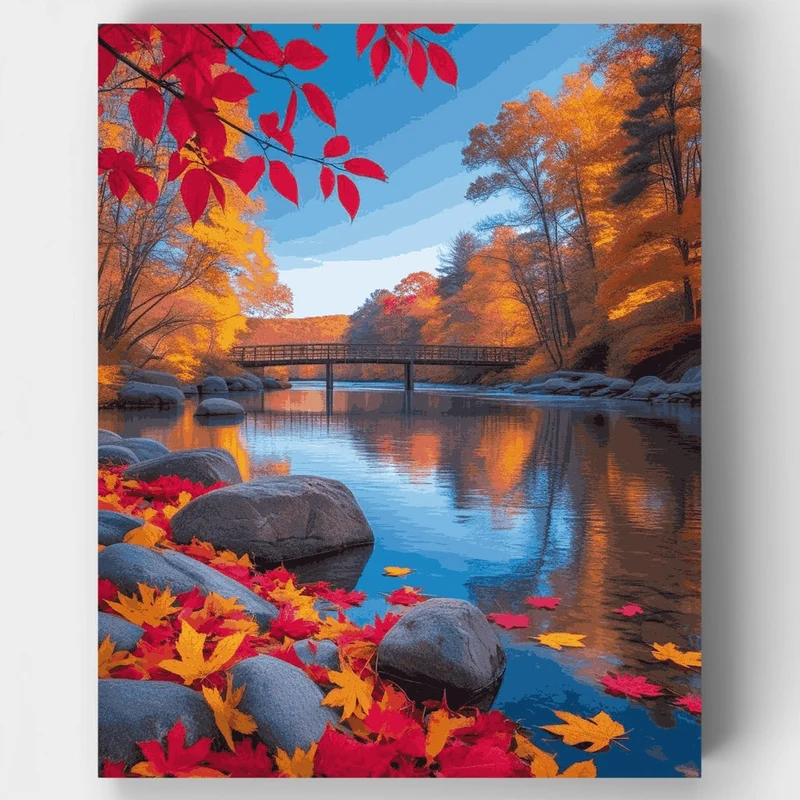 Autumn River Bridge Reflection - Paint by Numbers Kit