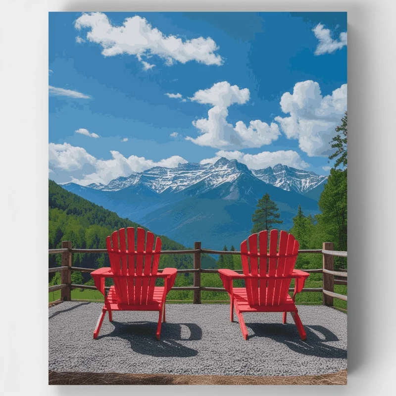 Mountain View with Red Adirondack Chairs - Paint by Numbers Kit