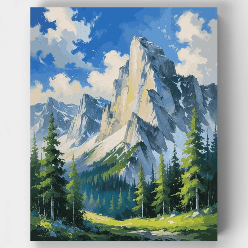 Dramatic Mountain Peaks with Forest Valley - Paint by Numbers Kit