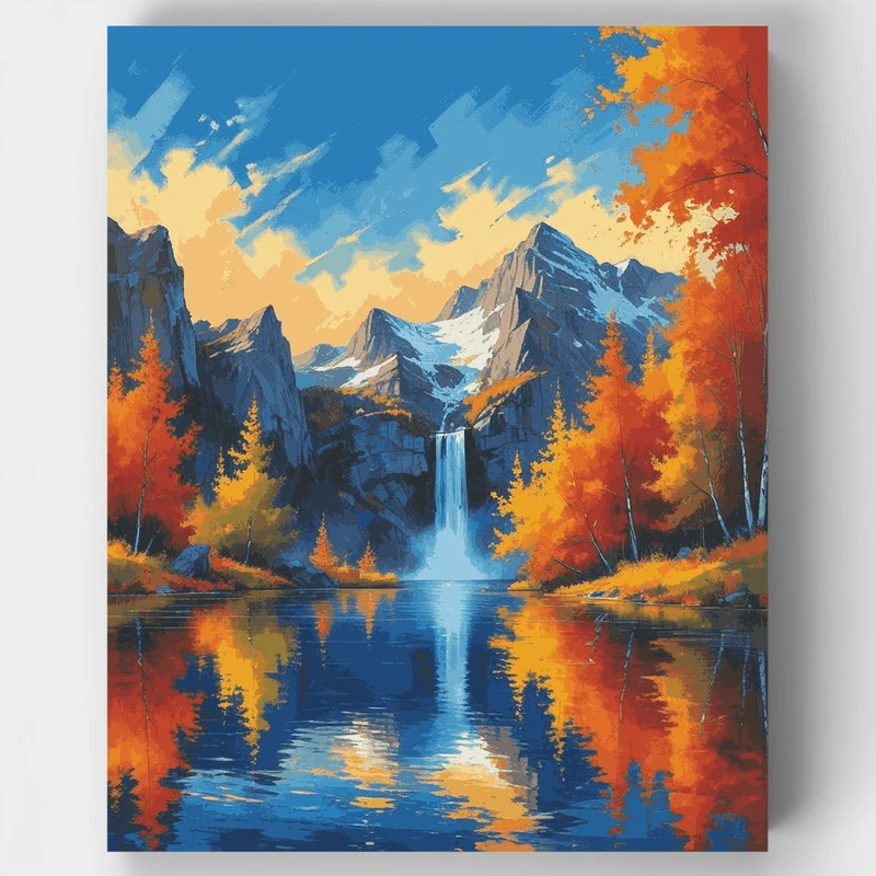 Mountain Waterfall Autumn Reflection - Paint by Numbers Kit
