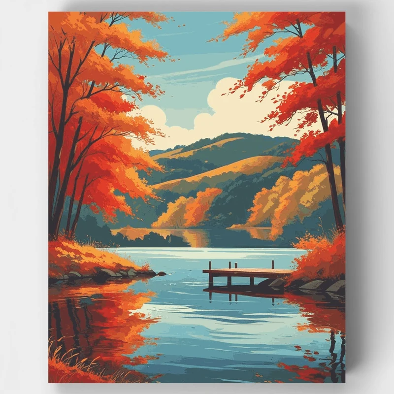 Autumn Lake Reflection with Wooden Dock - Paint by Numbers Kit