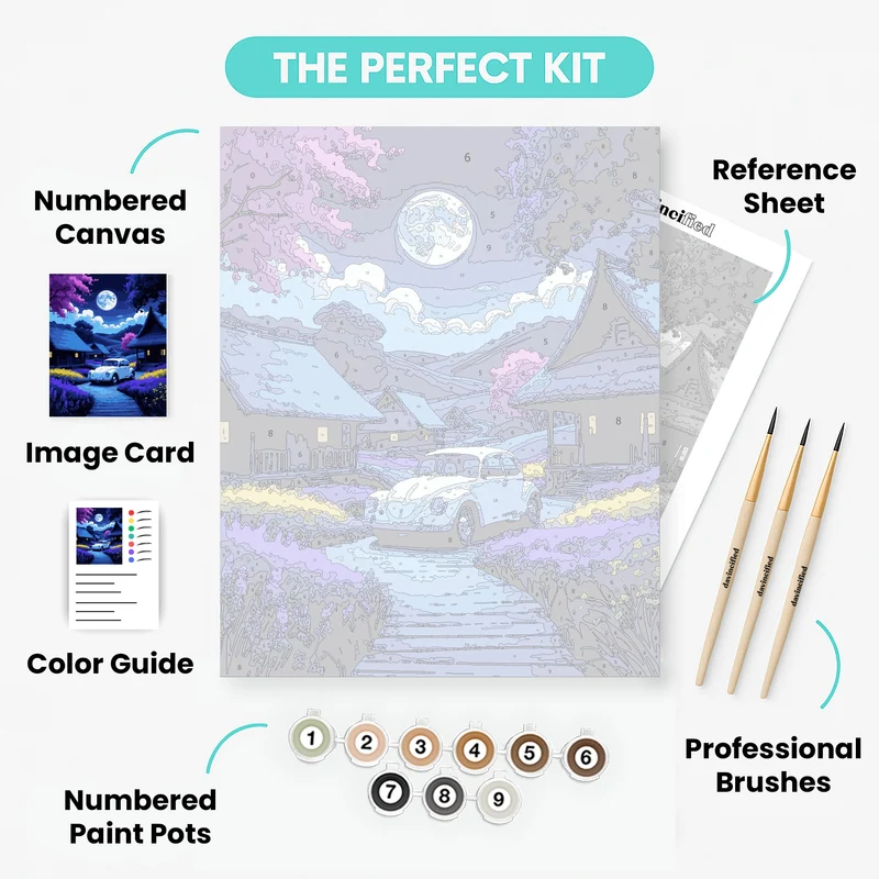 Moonlit Village with Vintage Car - Paint by Numbers Kit