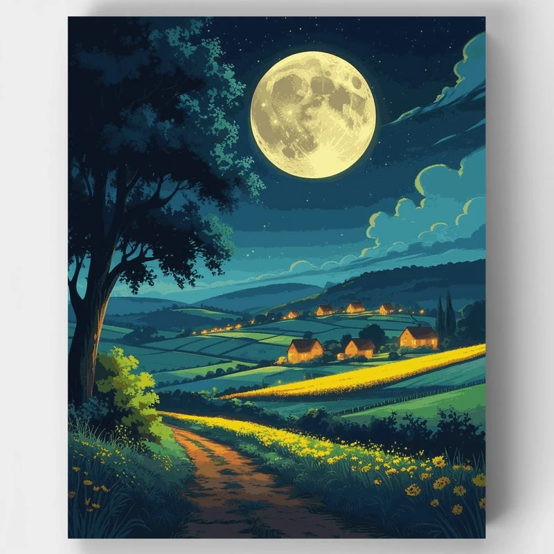 Moonlit Village Countryside - Paint by Numbers Kit