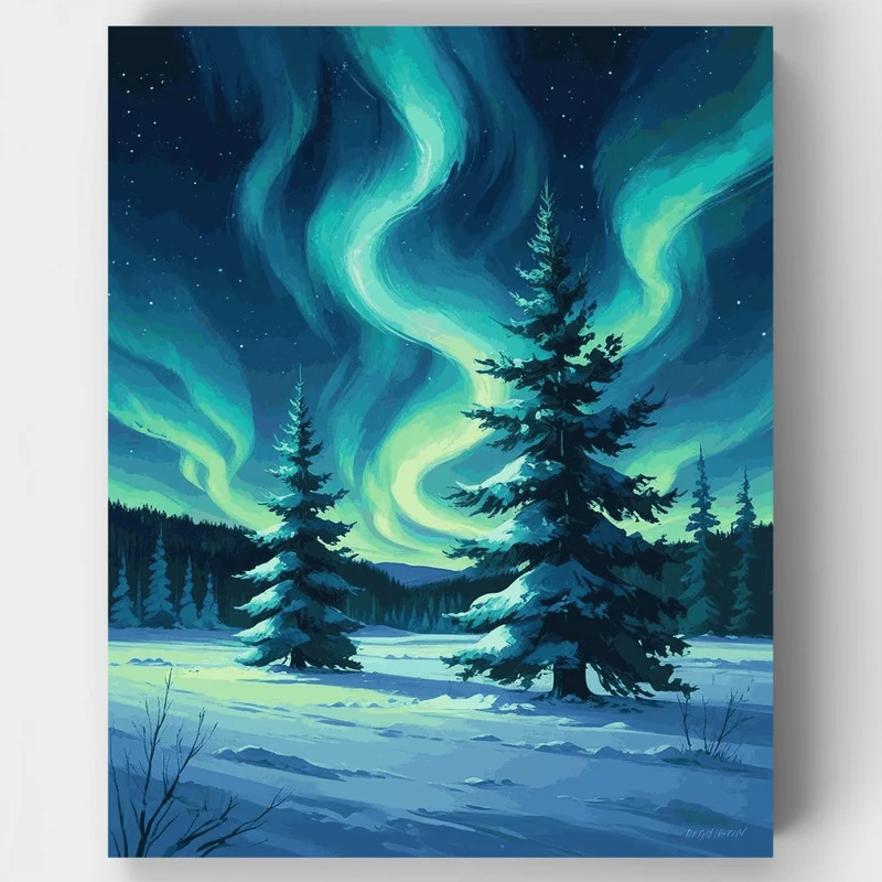 Northern Lights Winter Forest - Paint by Numbers Kit