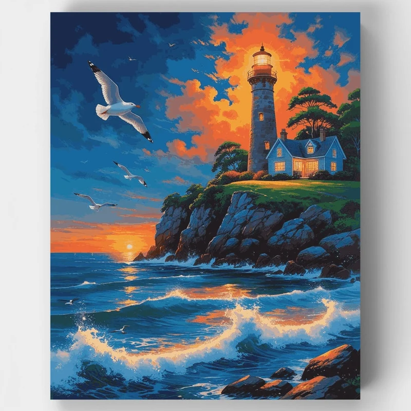Dramatic Lighthouse Sunset Scene - Paint by Numbers Kit