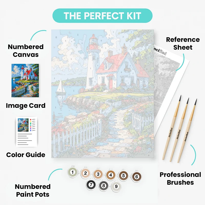 Charming Coastal Lighthouse with Garden Path - Paint by Numbers Kit