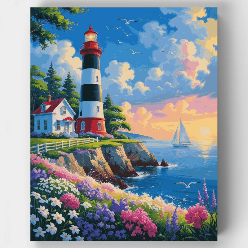 Coastal Lighthouse with Blooming Garden - Paint by Numbers Kit
