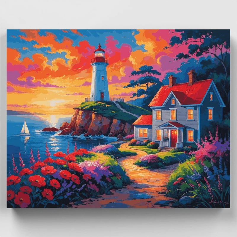 Coastal Lighthouse at Sunset - Paint by Numbers Kit