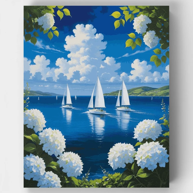 Sailboats and Hydrangeas Seascape - Paint by Numbers Kit