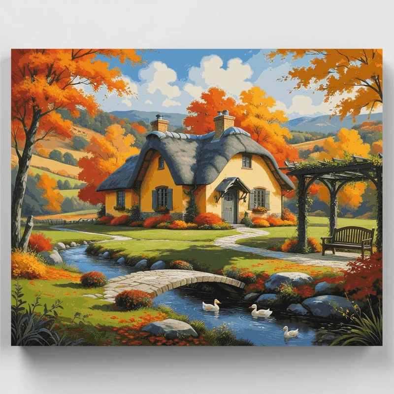 Charming Thatched Cottage Autumn Scene - Paint by Numbers Kit