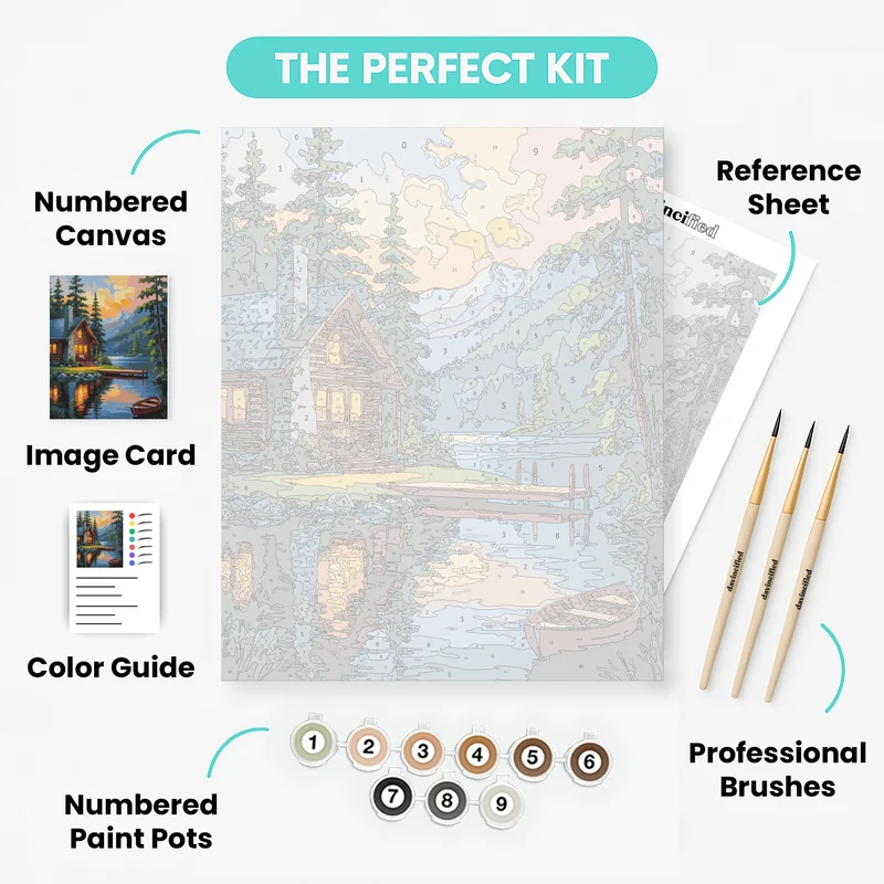 Mountain Lake Log Cabin Sunset - Paint by Numbers Kit