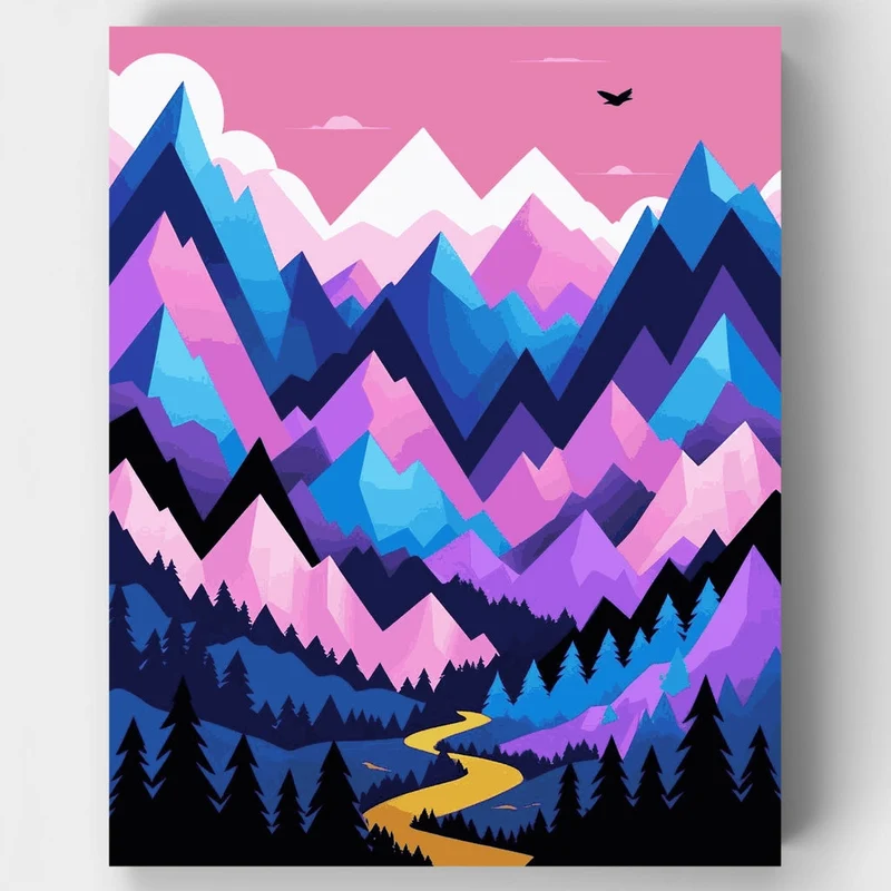 Geometric Mountain Landscape with Winding Path - Paint by Numbers Kit