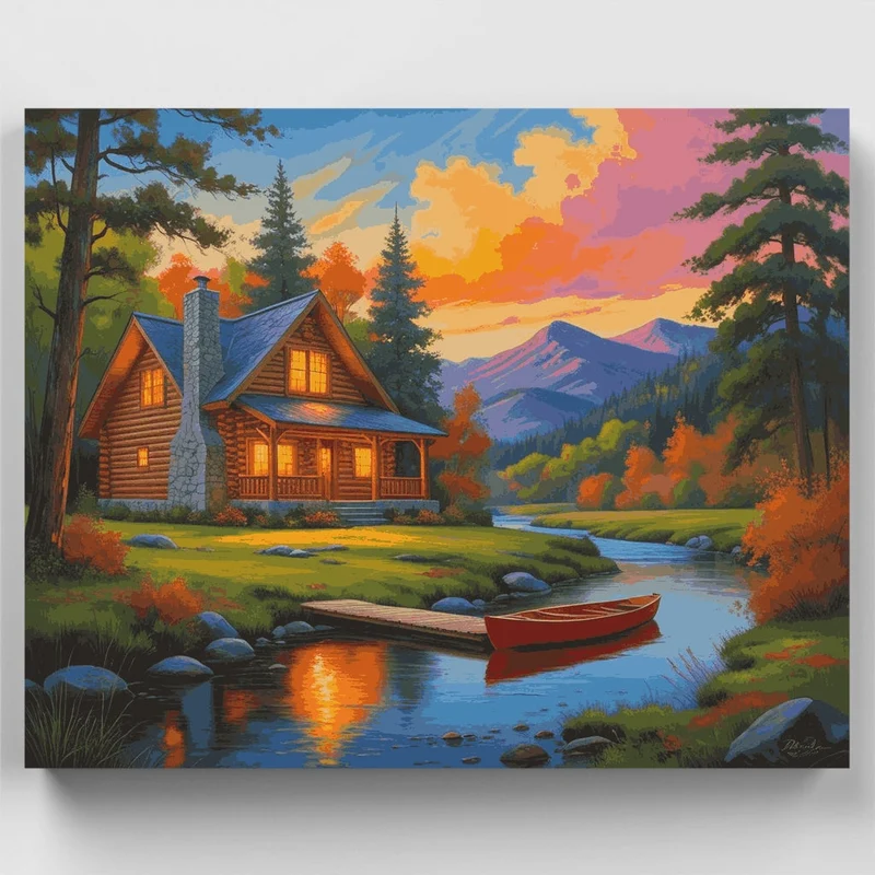 Cozy Log Cabin by the Stream - Paint by Numbers Kit