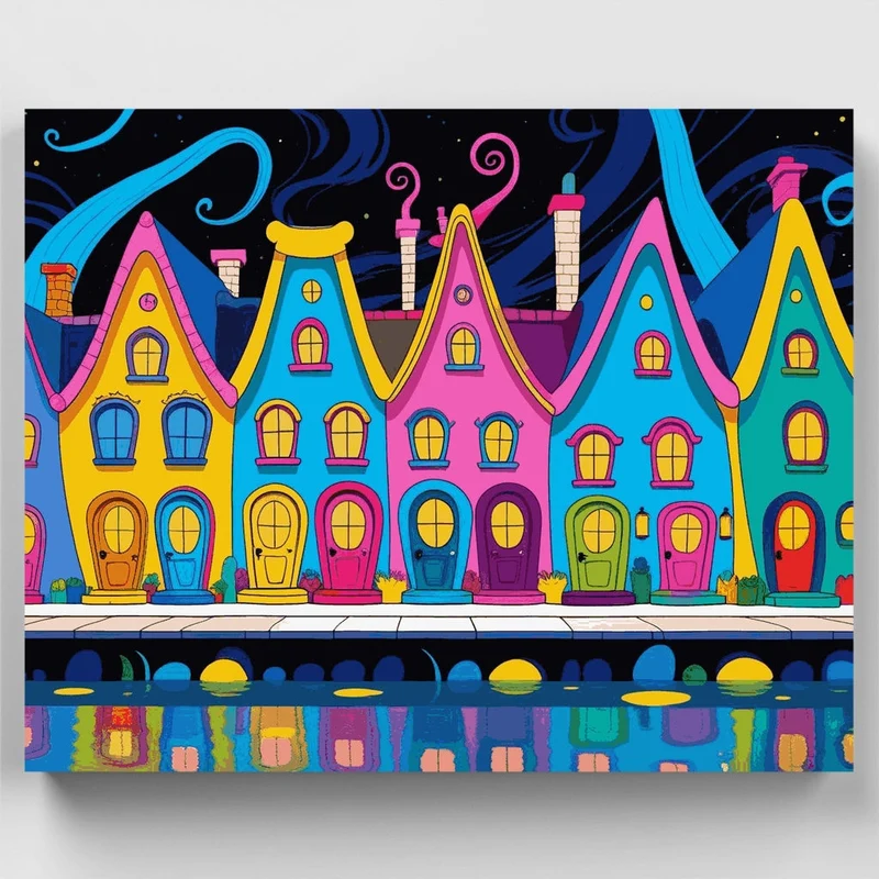 Whimsical Colorful Houses by Water - Paint by Numbers Kit